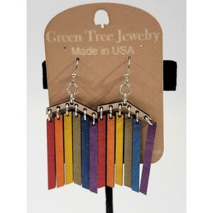 Green Tree Jewelry Rainbow Wood Dangle Fringe Tassel Earrings Boho Pride USA NEW